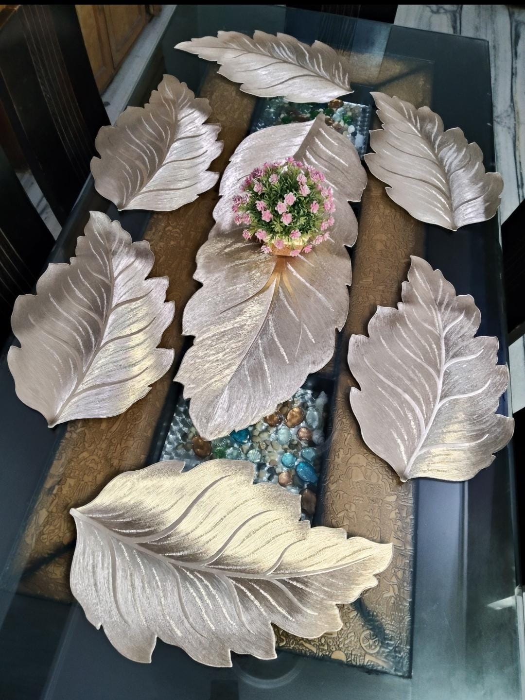 Leaf Design Dining Mats & Runner Combo - Gold