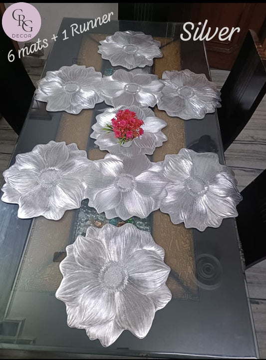 Sunflower Shaped Dining Mats & Runner Combo - Silver
