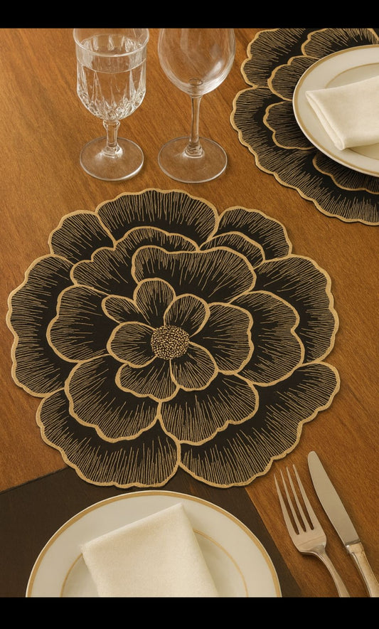 Premium Embroidered Flower Placemat – Black & Gold