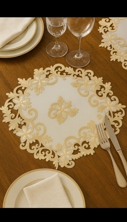 Luxury Embroidered Gold Lace Dining Placemat – Elegant Table Décor for Special Occasions