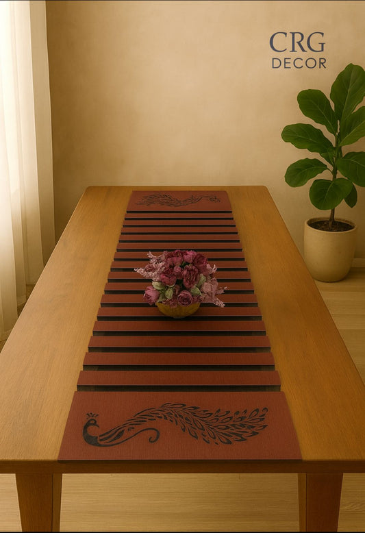 CRG Décor Solid Wood Designer Table Runner – Peacock Engraved