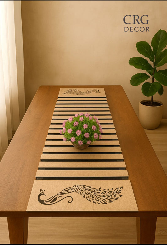 Handcrafted Wooden Slat Table Runner with Peacock Motif